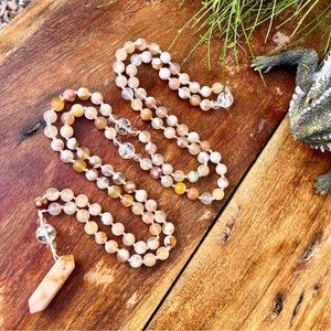 Flower Agate and Quartz Mala